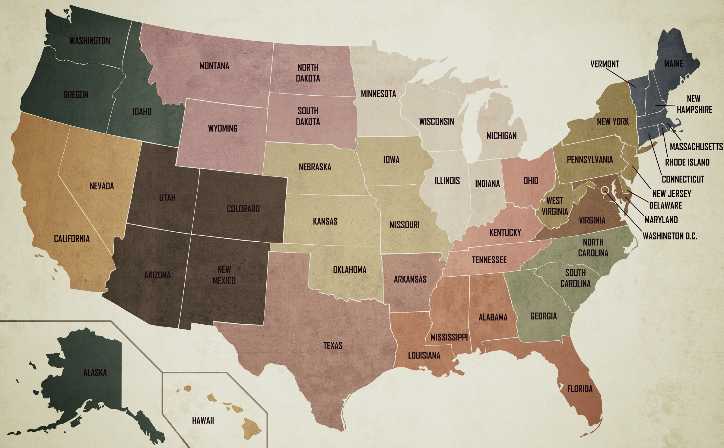 Old Vintage Style Color Map Of U.S.A. With State Names